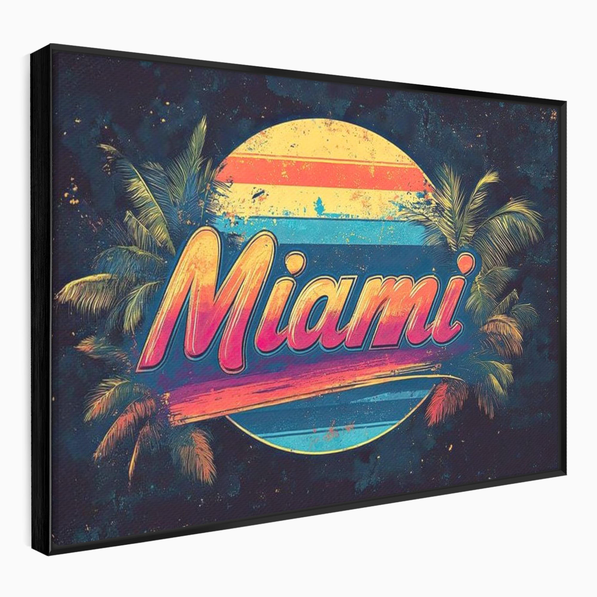 Tablou canvas cu ilustratie retro miami cu soare si palmieri, in rama de aluminiu negru